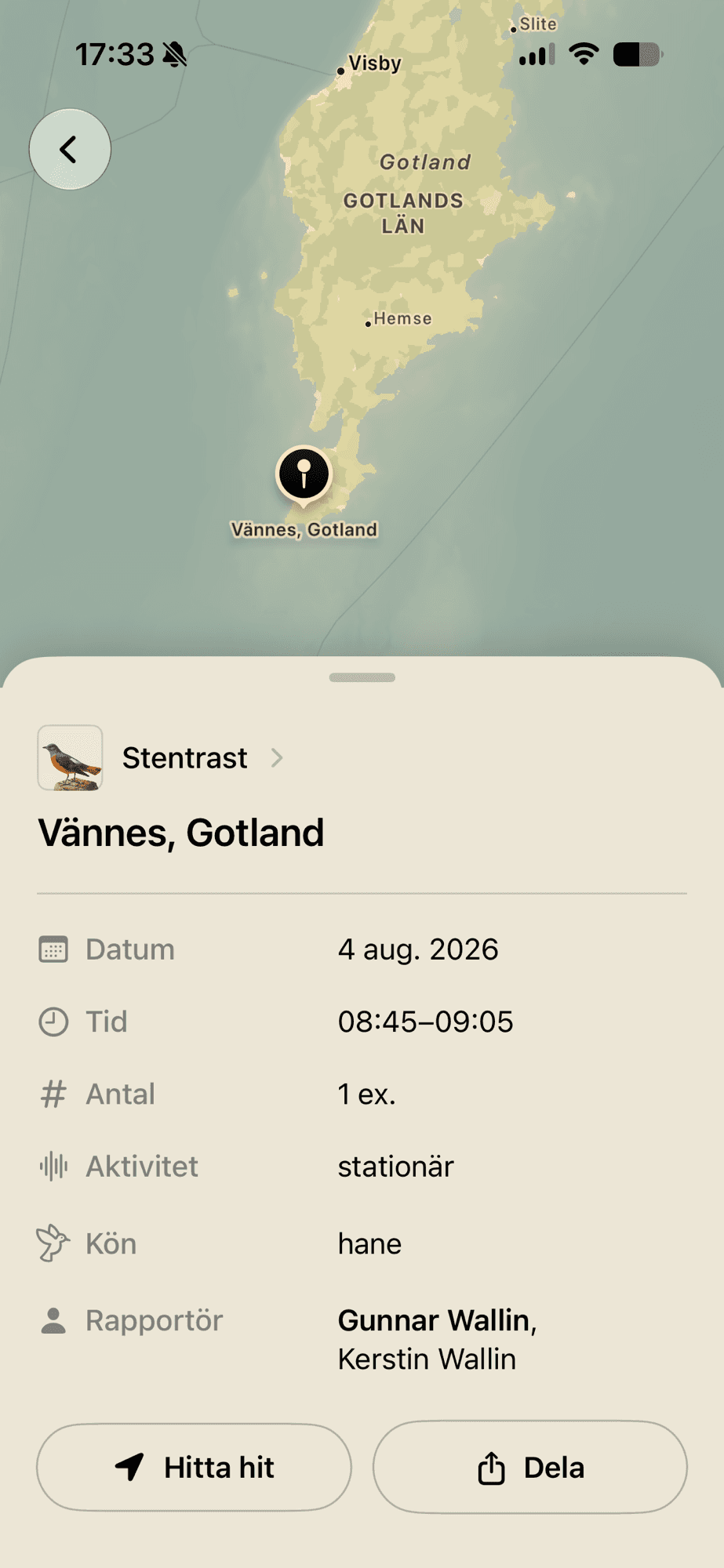 Kartvy för ett fynd av Stentrast på Gotland, med datum, tid, antal, kön, rapportör och knappen Hitta hit