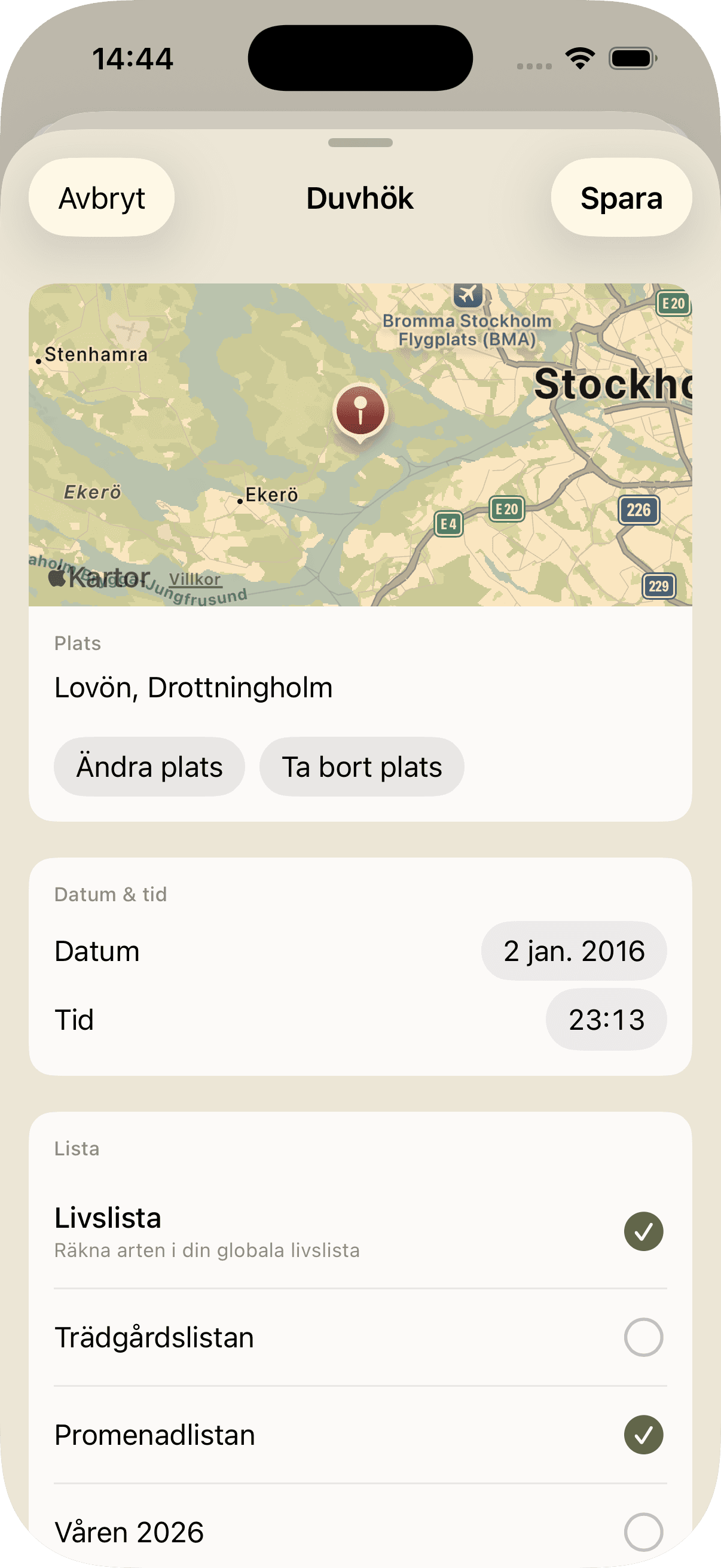 Redigera observation av Duvhök med karta, plats, datum, tid och listval