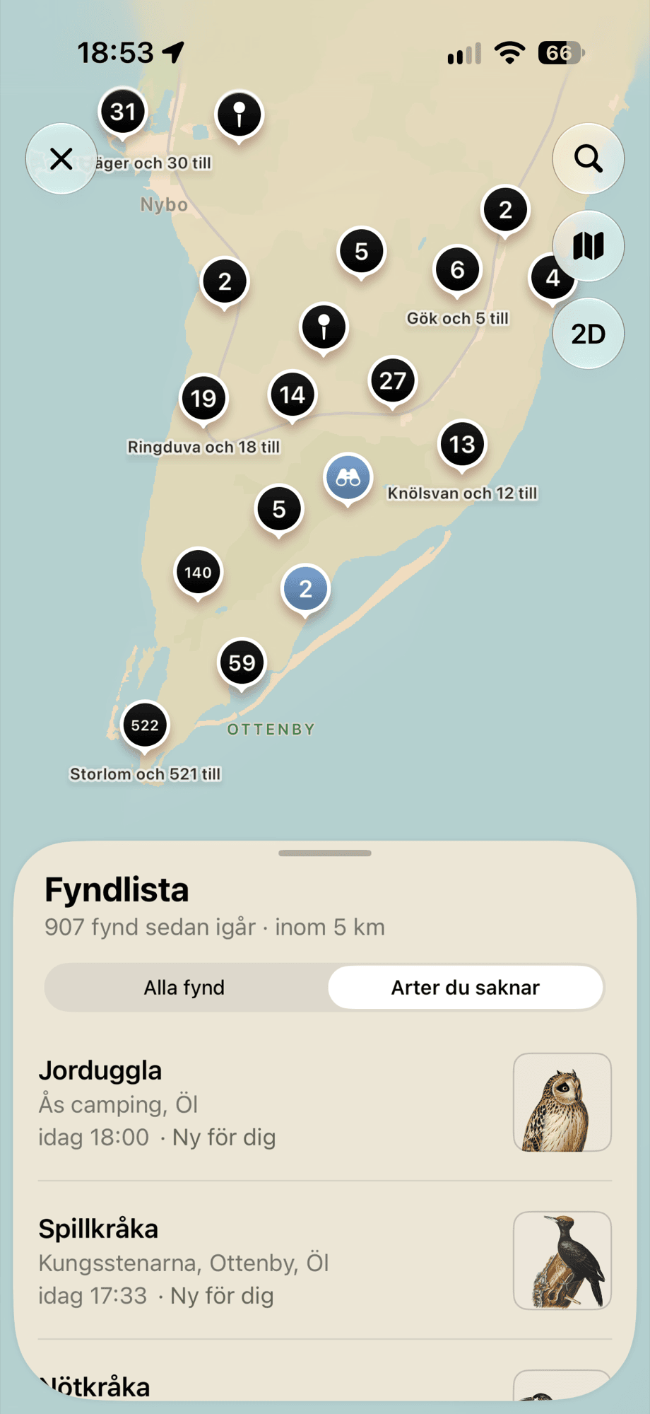 Mina fåglar – karta med de senaste fynden och fyndlistan