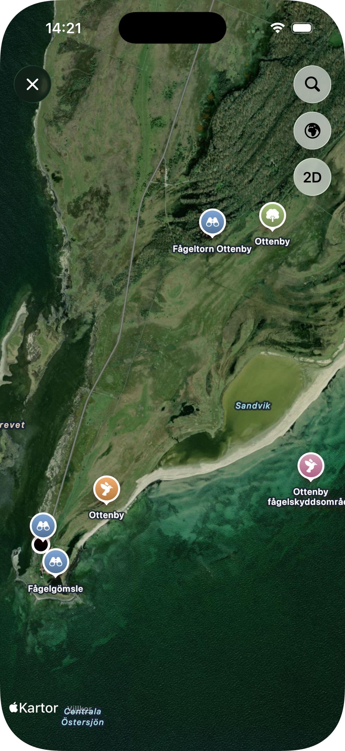 Satellitkarta över Ottenby med fågeltorn, fågelgömsle och fågelskyddsområde
