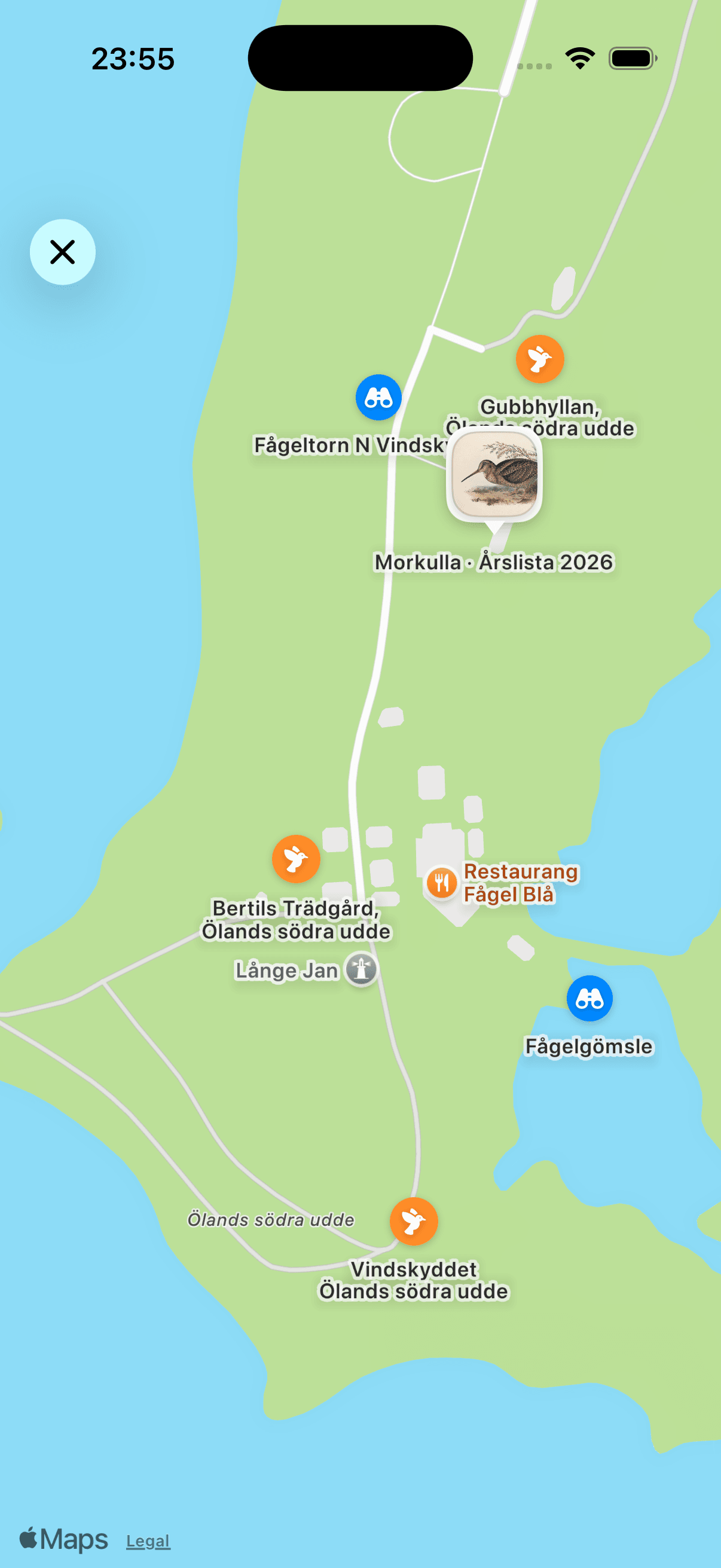 Karta med fågeltorn, naturreservat och observationer