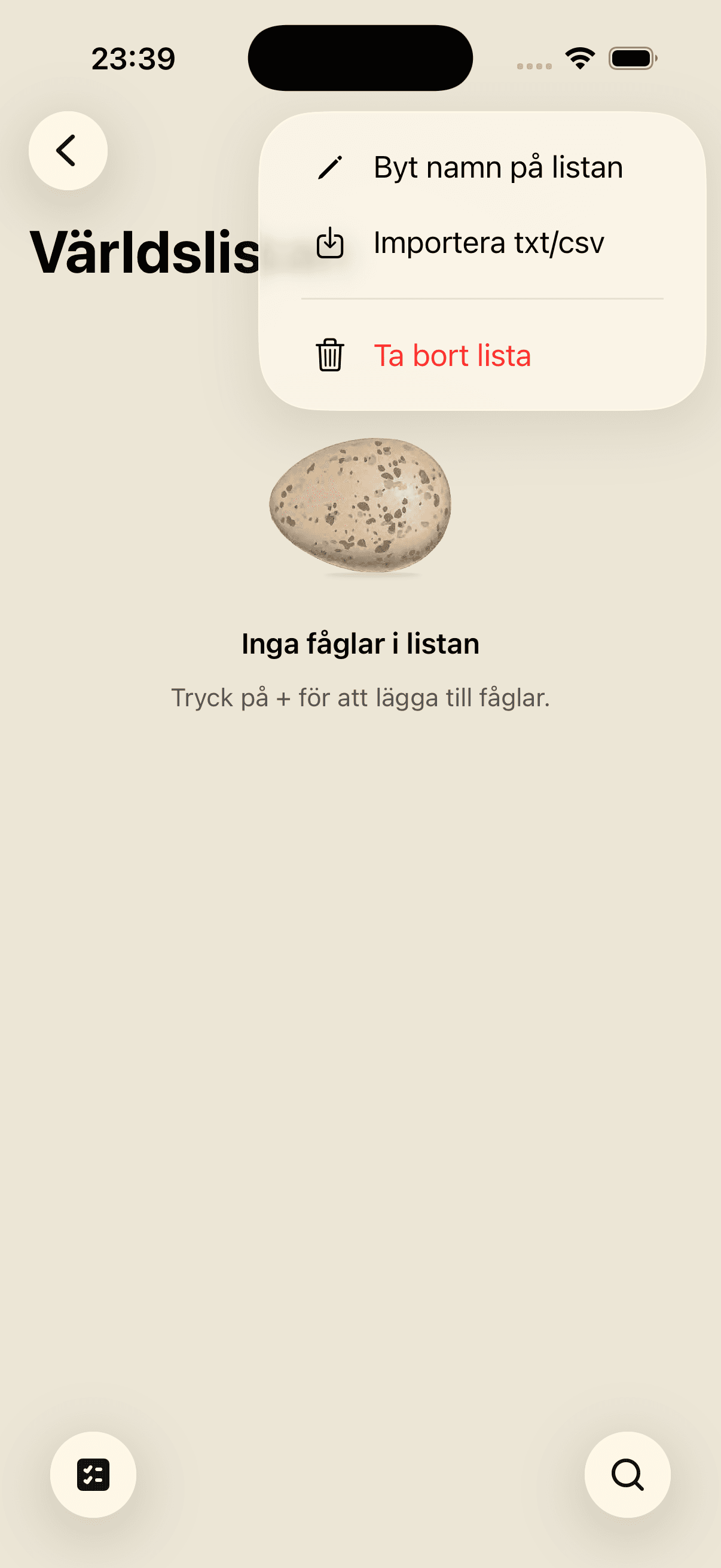 Lista-meny med byt namn, importera och ta bort