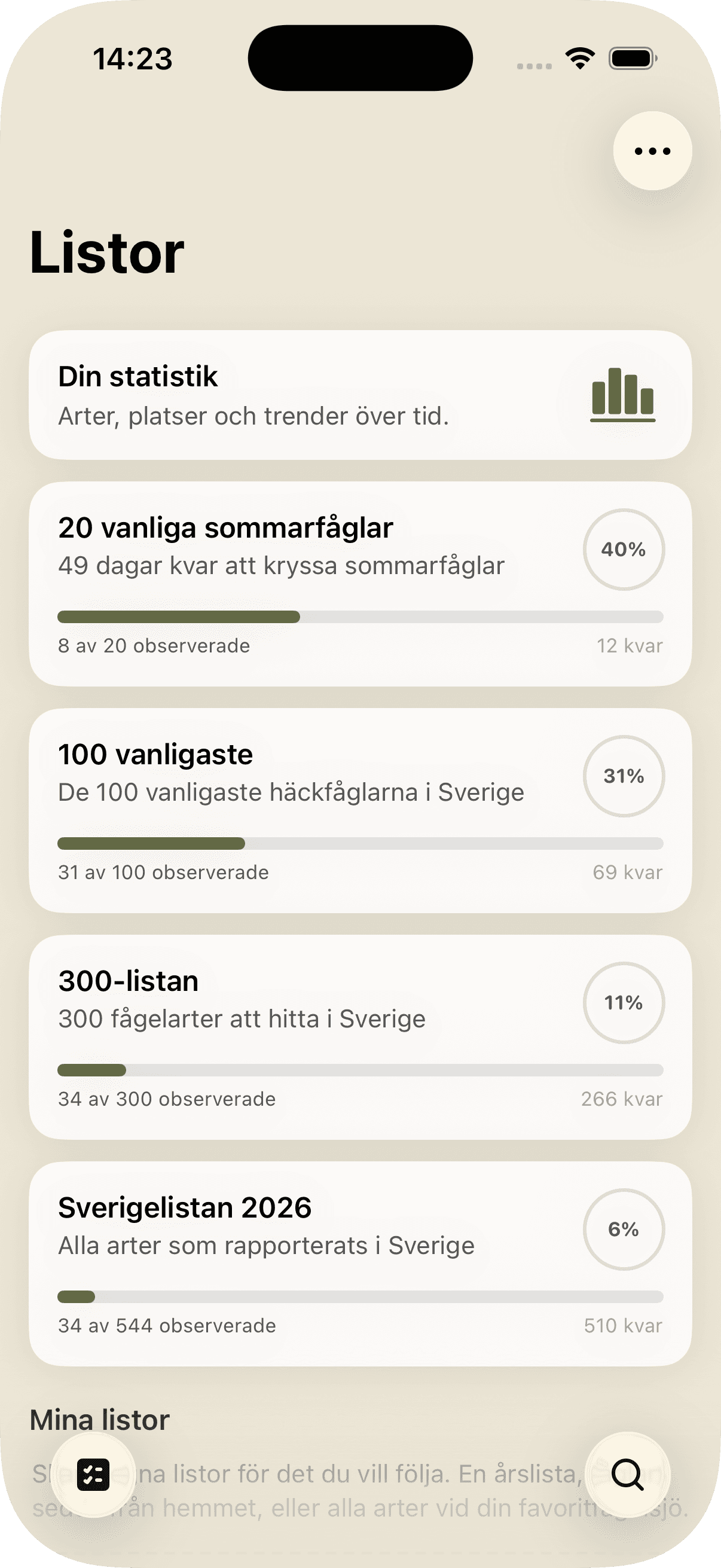 Mina fåglar – Listor med progress och Din statistik