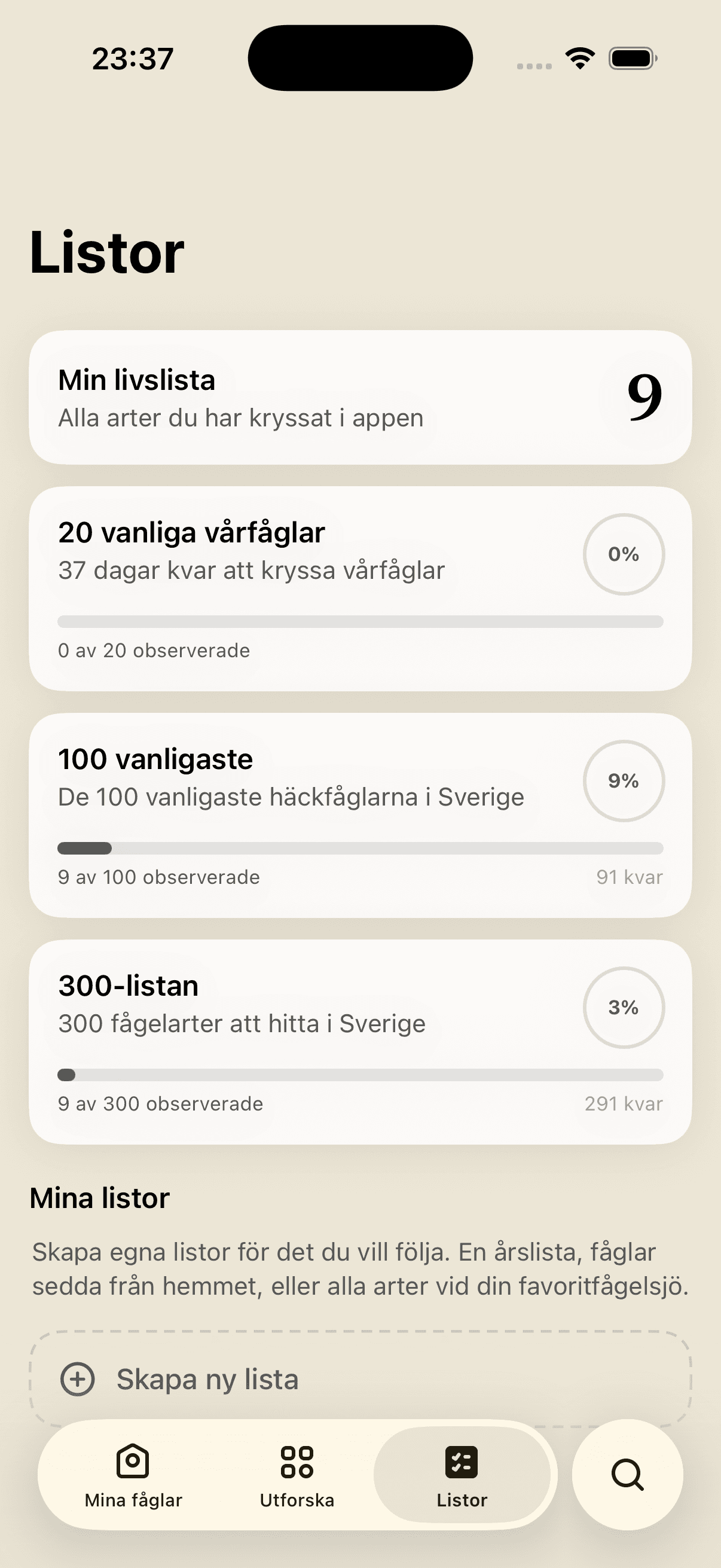 Mina fåglar – Listor