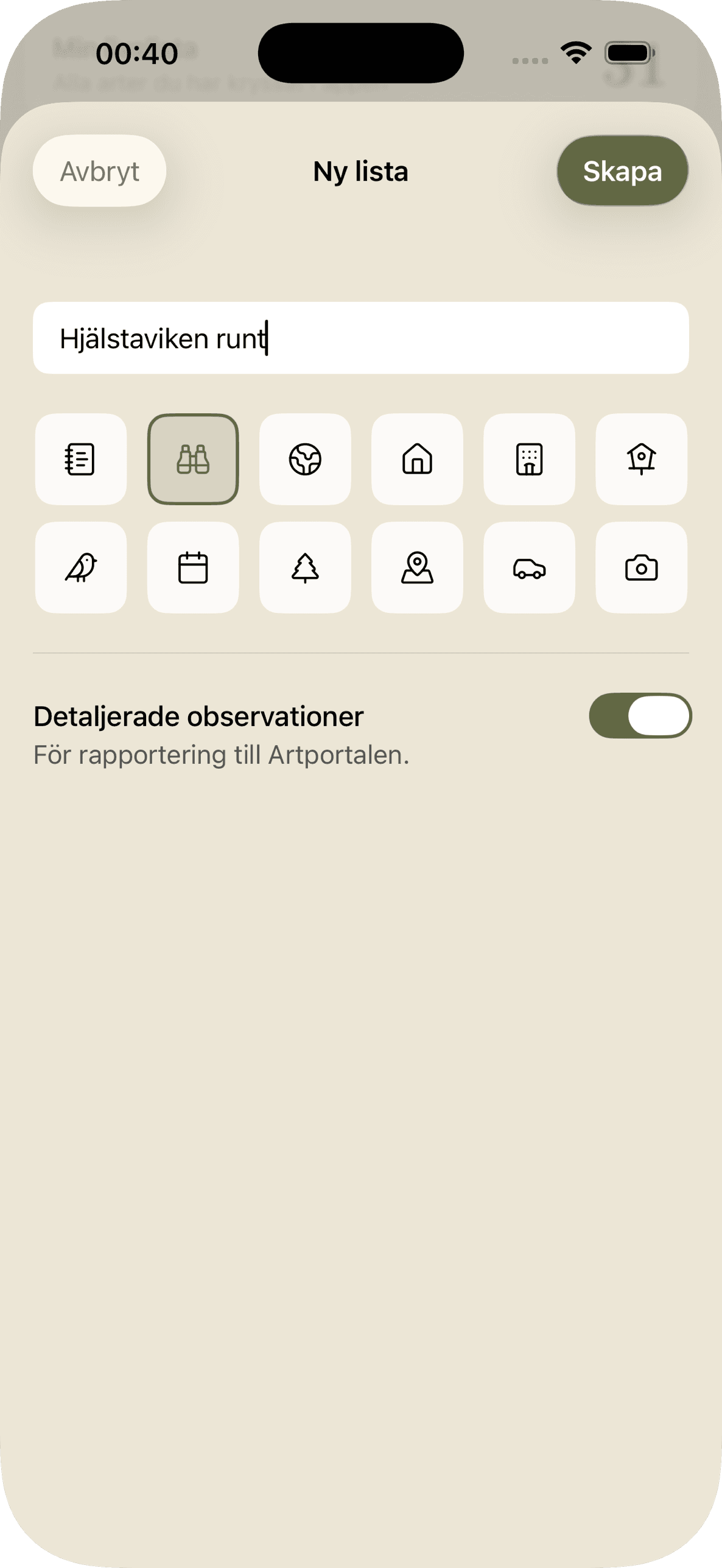 Ny lista med namn, ikon och toggle för Artportalen-rapportering