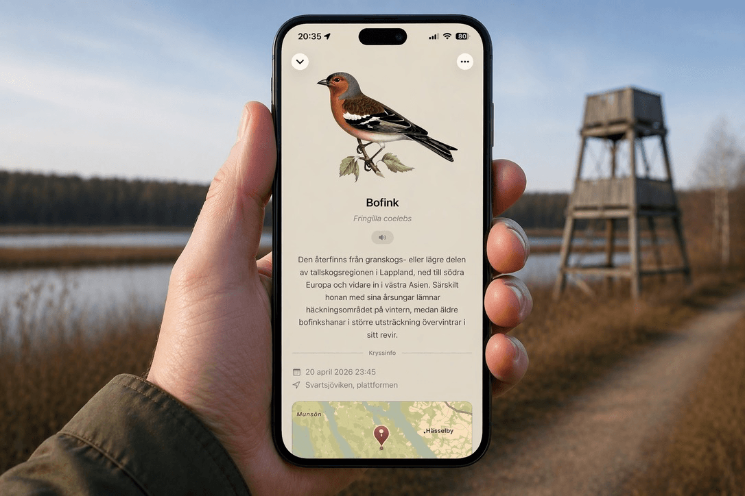 Mina fåglar i bruk – iPhone som visar fågelkortet för bofink, fotograferad framför ett fågeltorn i naturen