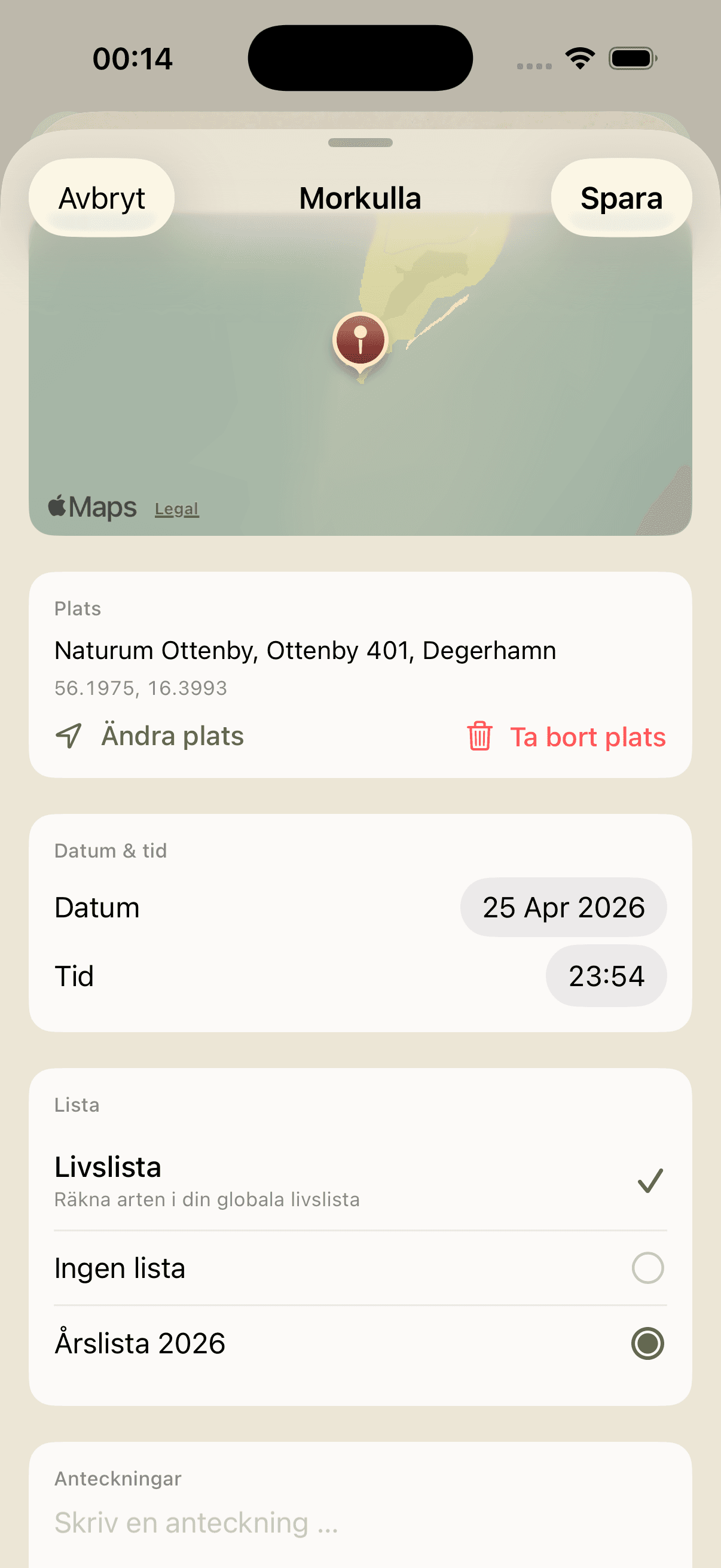 Redigera observation av Morkulla med plats, datum och anteckning