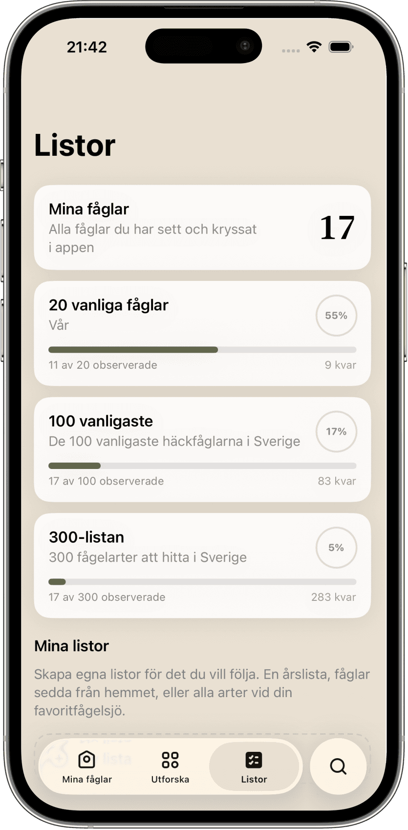 Mina fåglar – Listor