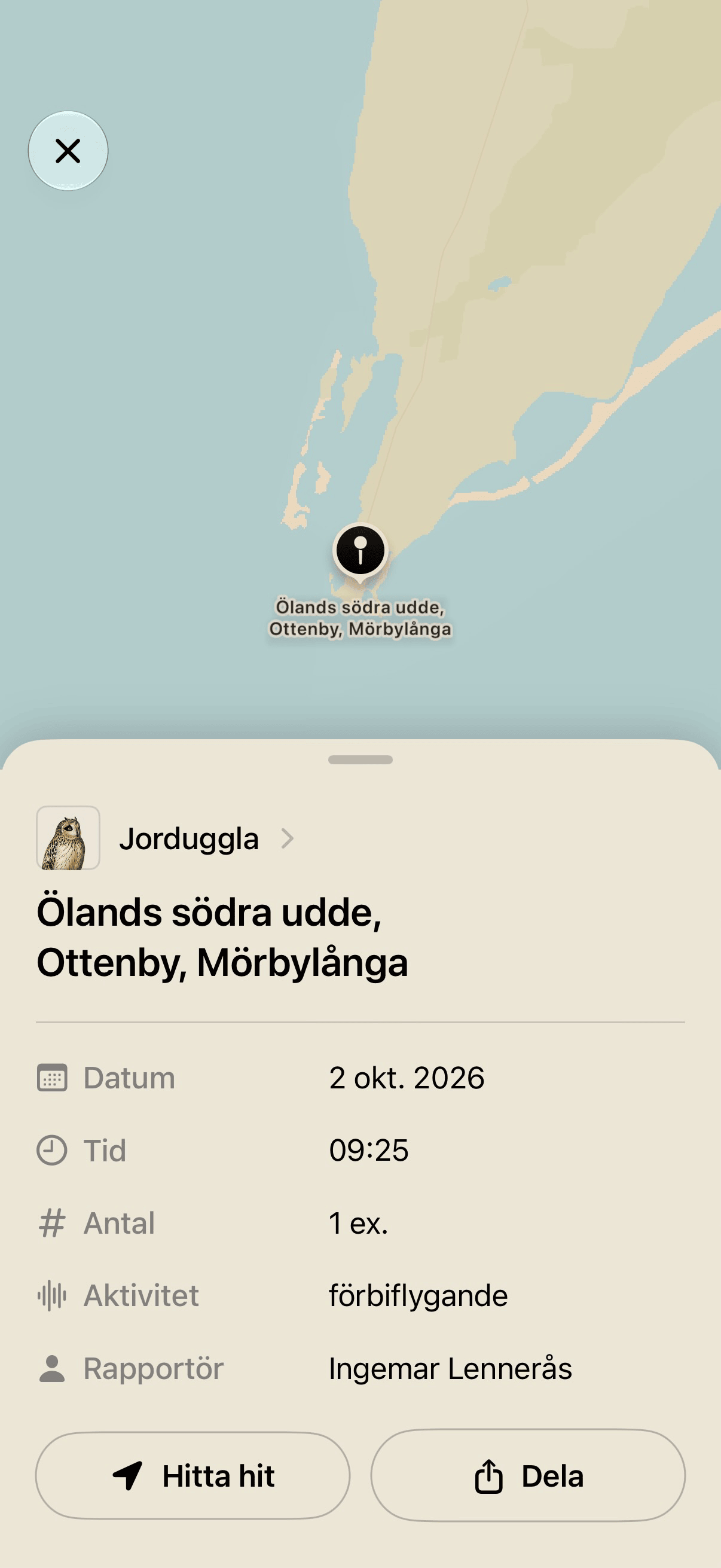 Kartvy för ett fynd av Jorduggla vid Ölands södra udde, med datum, tid, antal, aktivitet, rapportör och knappen Hitta hit