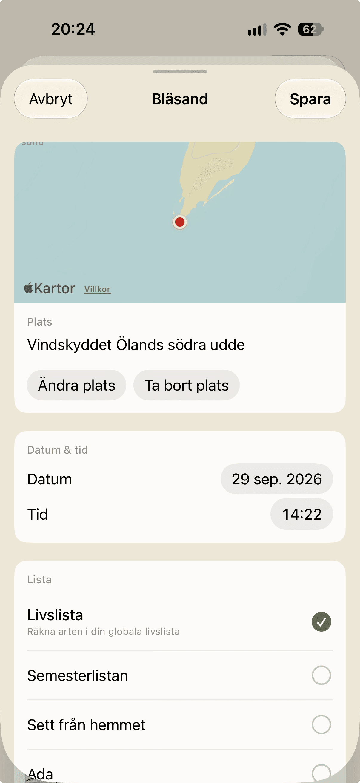 Redigera observation av Bläsand med karta, plats, datum, tid och listval