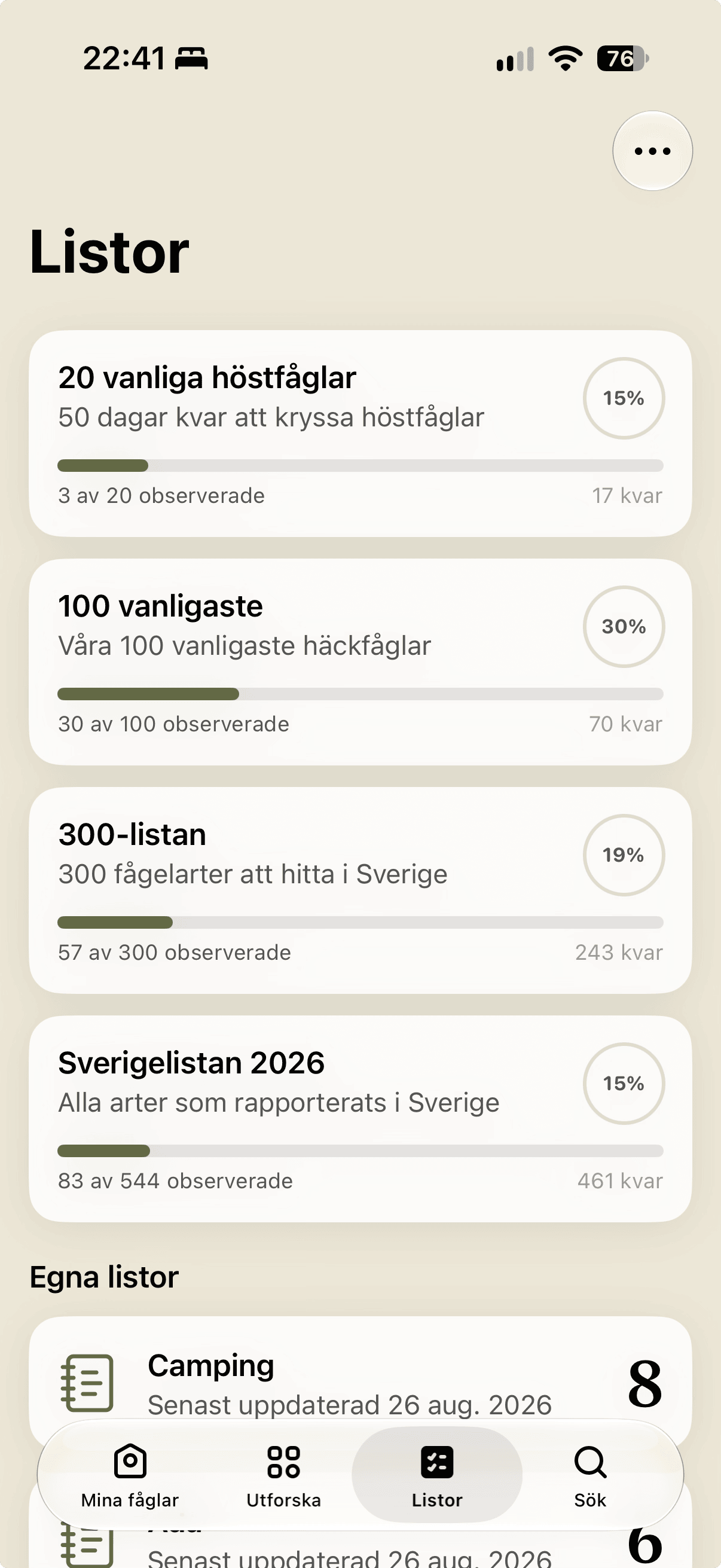 Listvyn i Mina fåglar med 20 vanliga höstfåglar, 100 vanligaste, 300-listan och Sverigelistan 2026, var och en med hur många arter som är kryssade